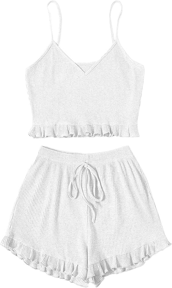 Avanova Women Sexy 2 Piece Pajama Set Ruffle Trim Cami Top and Shorts Sleepwear Set | Amazon (US)