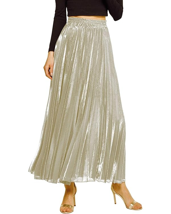 CHARTOU Women's Premium Metallic Shiny Shimmer Accordion Pleated Long Maxi Skirt | Amazon (US)