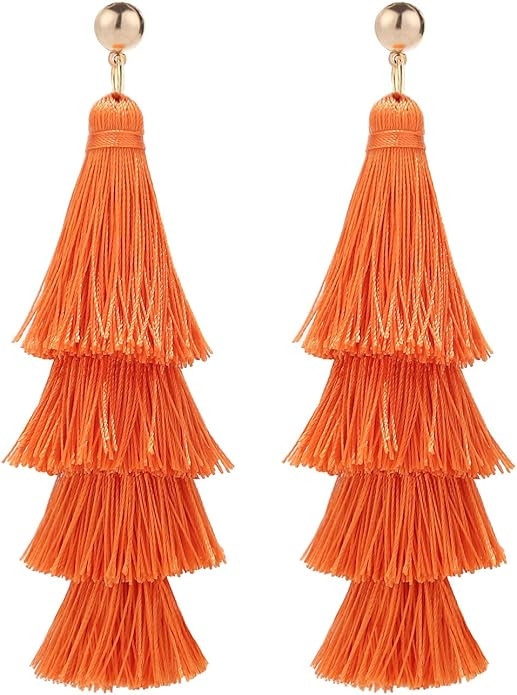 BaubleStar Tassel Earrings Handmade Tiered Thread Tassel Dangle Earrings, Multi Colors | Amazon (US)