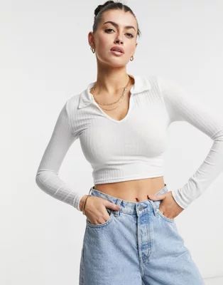 ASOS DESIGN fitted polo T-shirt in rib with long sleeves in white | ASOS (Global)