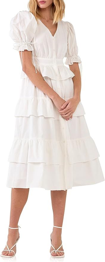 English Factory Women's Poplin Button Down Tiered Midi Puff Dress | Amazon (US)