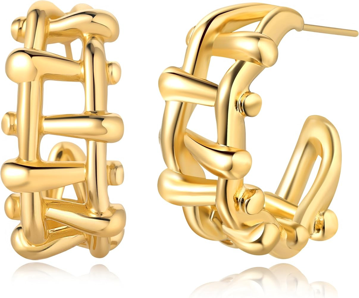 Chunky Gold Earrings for Women, 18K Plated Big Hoops, Trendy Statement Large Gold Hoop Earrings S... | Amazon (US)