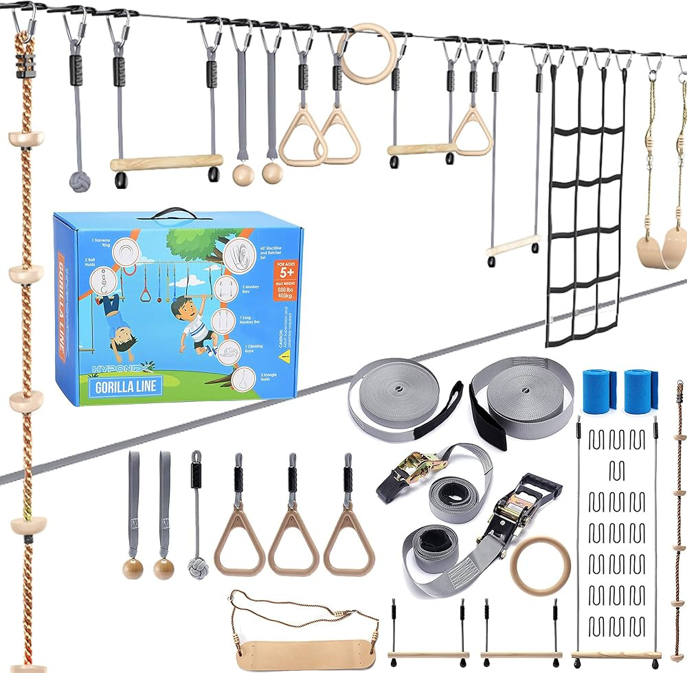 Hyponix Ninja Warrior Obstacle Course for Kids up to 880 Lbs - 2 x 60 ft - W/Bottom line & 13 Obs... | Amazon (US)