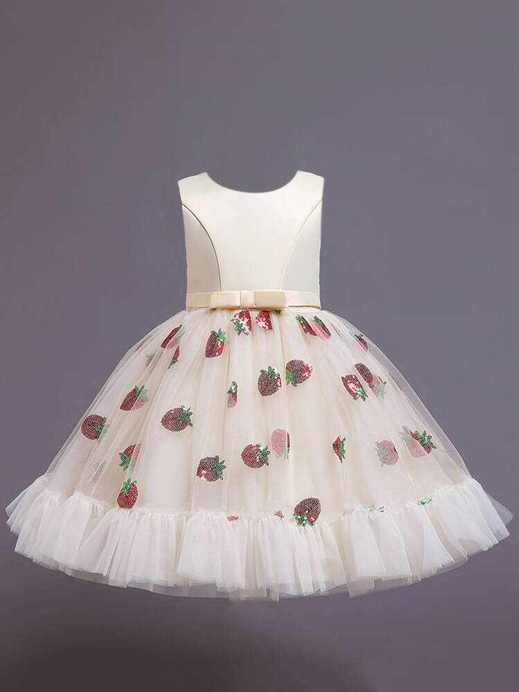 Girls Strawberry Contrast Sequin Mesh Panel Bow Back Gown Dress | SHEIN