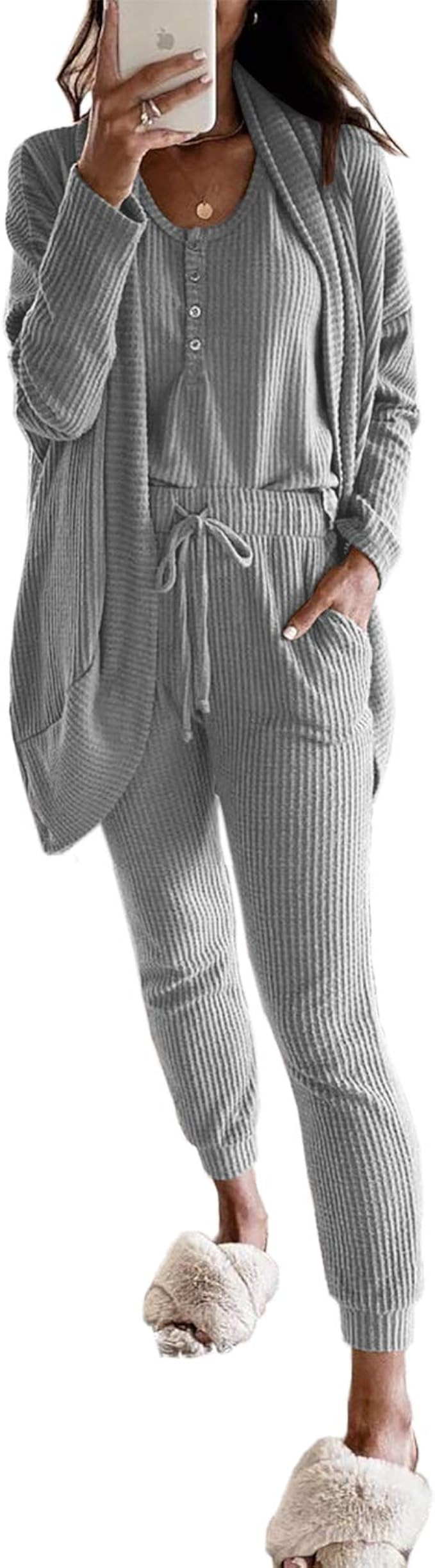 Womens 3 Piece Lounge Pajamas Sets Cami Tank Top & Soft Pants and coat Waffle Knit Loungewear | Amazon (US)