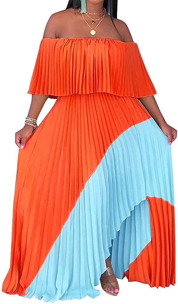 Amazon.com: IyMoo Summer Maxi Dresses for Women - Sexy Chiffon Off Shoulder Ombre Tie Dye Pleated... | Amazon (US)