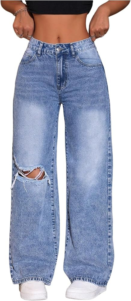 Floerns Women's Low Waist Distressed Denim Pants Wide Leg Casual Baggy Jeans | Amazon (US)
