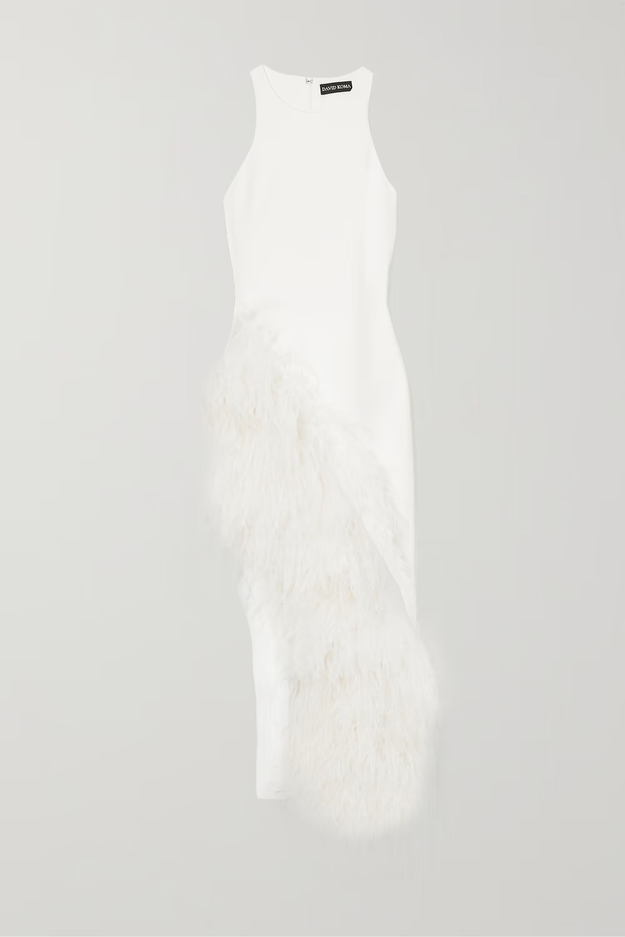 Asymmetric feather-trimmed cady midi dress | NET-A-PORTER (US)