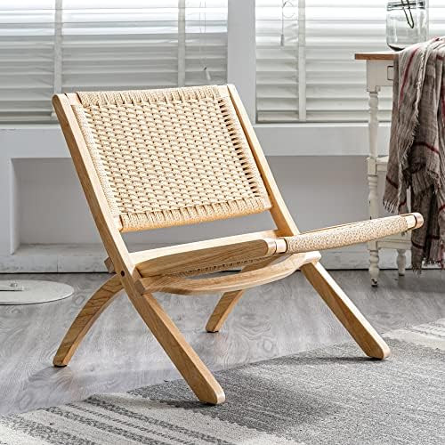 LUE BONA Folding Boho Accent Chairs, Natural Wood Mid Century Modern Chair, Plain Weave Paper Rop... | Amazon (US)