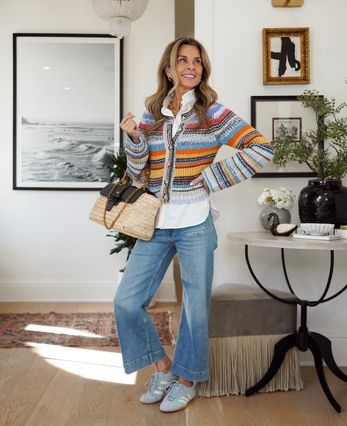 -Colette  crop is a favorite Jean, comfortable with stretch and TTS 
-striped cardigan sz XS, size up for length. 
-MMink raffia bag is designer quality for less! 
-sneakers TTS 
-Jewelry discount code Tammy20

#LTKootd #LTKgrwm #LTKOver40