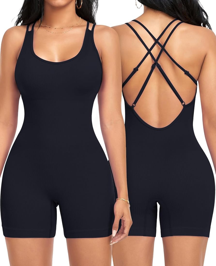 KIKIMINK Workout Romper for Women Seamless Ribbed Scoop Neck Backless Strappy Bodysuit One Piece ... | Amazon (US)