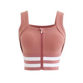 Ribbed Block Stripe Zip Front High-Impact Sports Bra in Orange | Chicwish