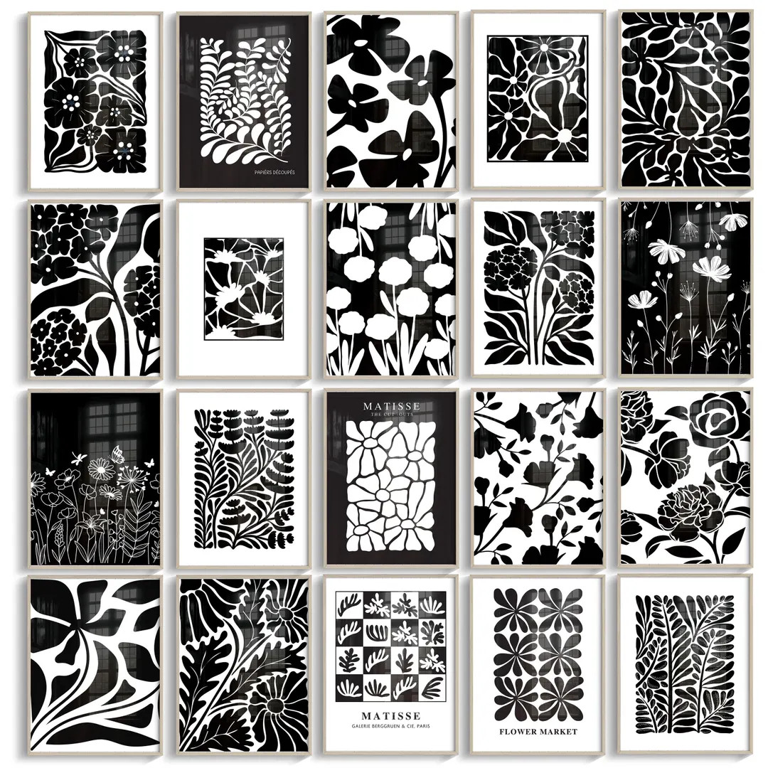 Black and White Flower Market Prints Gallery Wall Set of 20 Inspired by Matisse Modern Floral Aes... | Etsy (US)
