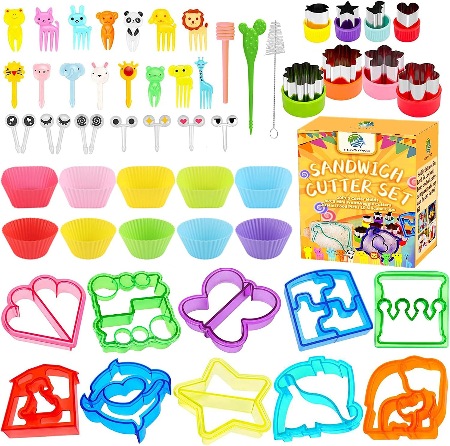 FUNGYAND Sandwich Cutter Set, All in One Bento Box Complete Supplies and Accessories Kit Includes Sandwich Bread Cutters, Fruit Cutter, Animal Food Picks, Silicone Cups | Amazon (US)