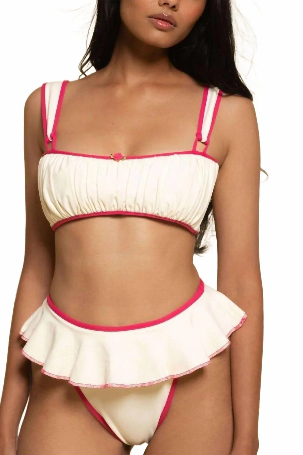 Tamarindo Ruffle Bikini Bottom In Cream Raspberry Binded | Shop Simon