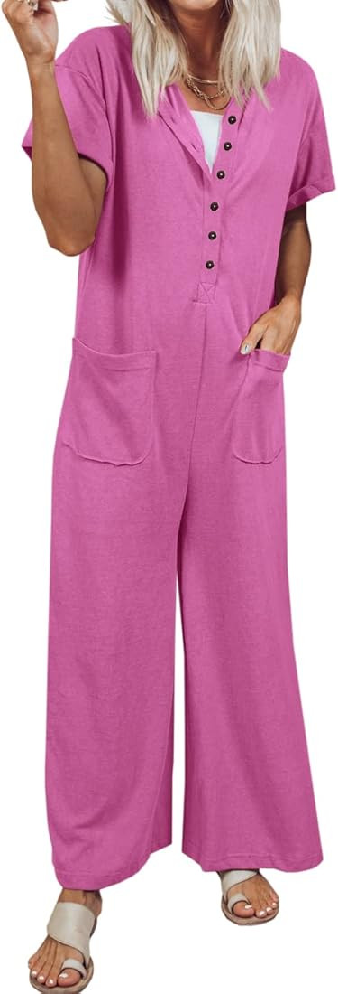 Amazon.com: Nirovien Womens Oversized Short Sleeve Jumpsuits Button Down Wide Leg Rompers One Pie... | Amazon (US)