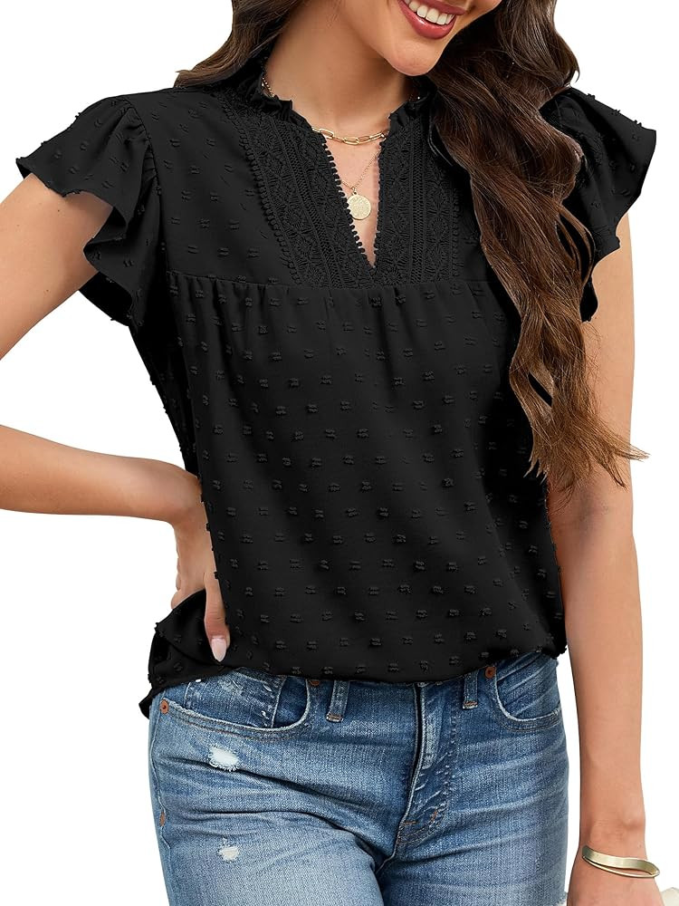 ECOWISH Womens Summer Tops Dressy Casual Ruffle V Neck Short Sleeve Blouses Swiss Dot Boho Flowy ... | Amazon (US)