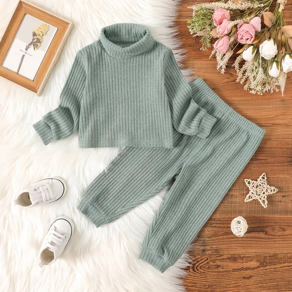 2pcs Baby Girl Solid Rib Knit Turtleneck Long-sleeve Set | PatPat