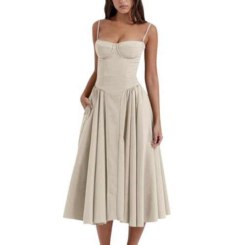 Floral Corset Dress Womens Corset Dress Elegant Formal Spaghetti Strap Bustier Midi Dress Flowy Pleated Hem Low Cut Prom Dresses with Pockets Beige | Amazon (US)