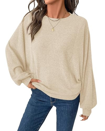 BTFBM Casual Fall Tops for Women 2025 Long Sleeves Solid Shirts Crew Neck Loose Fit Work T Shirt(Beige,X-Large) | Amazon (US)