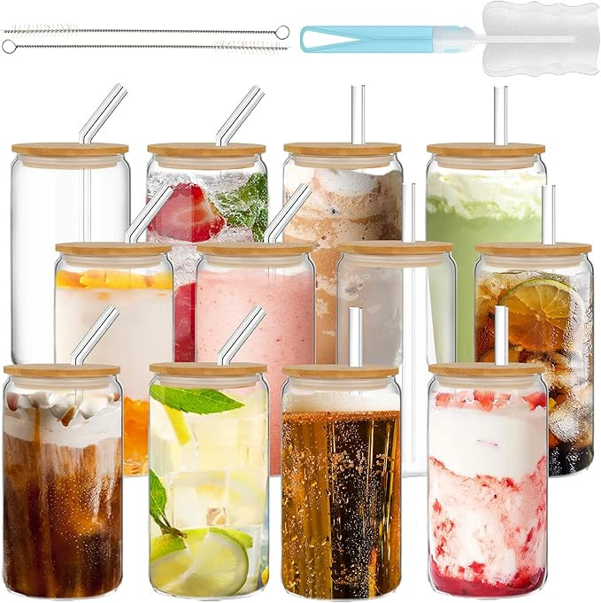 Drinking Glasses with Bamboo Lids and Straw 12 pcs,16oz Glass Cups with Lids and Straws,Iced Coff... | Amazon (US)