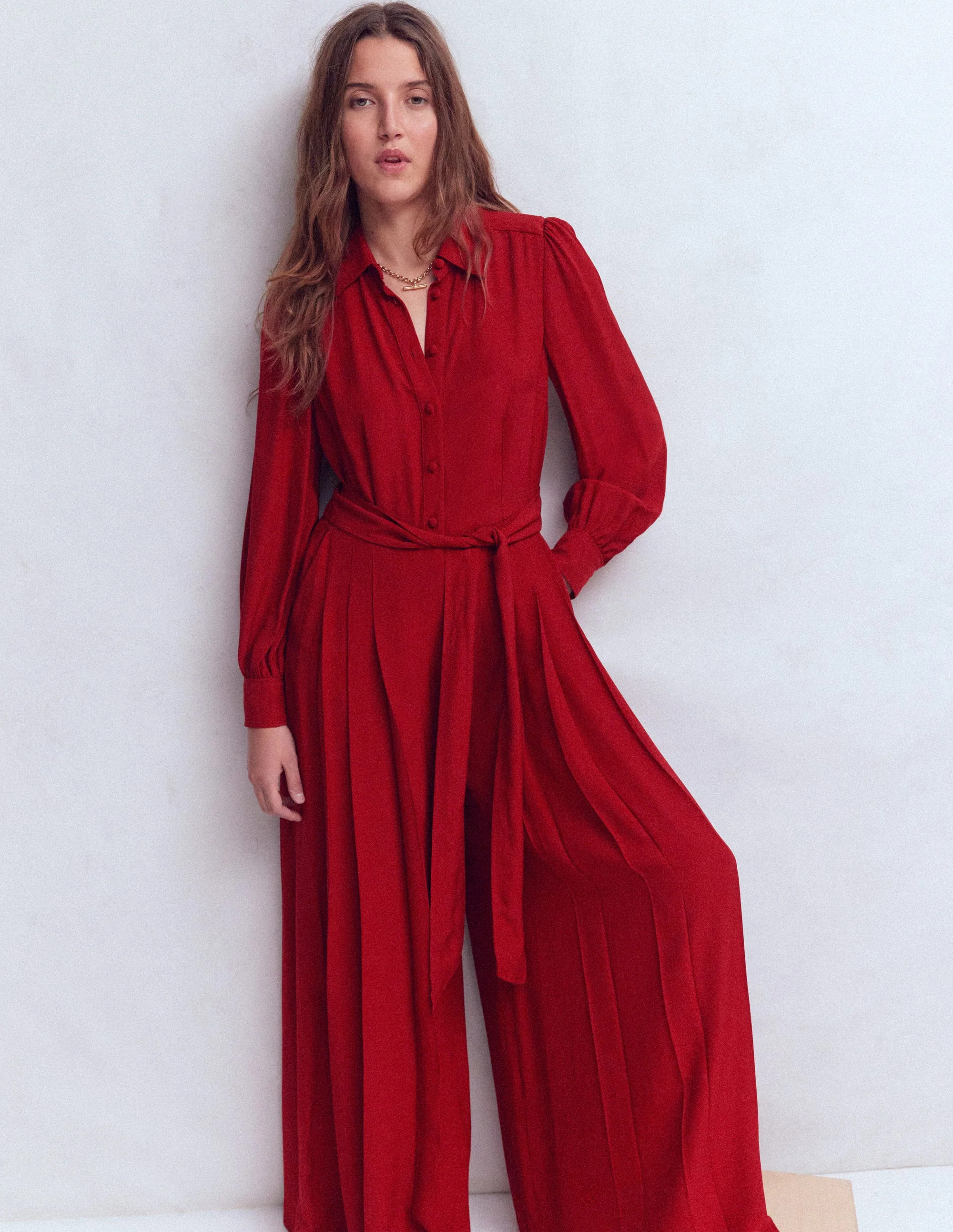 Button Up Palazzo Jumpsuit-Crimson Red | Boden (US)