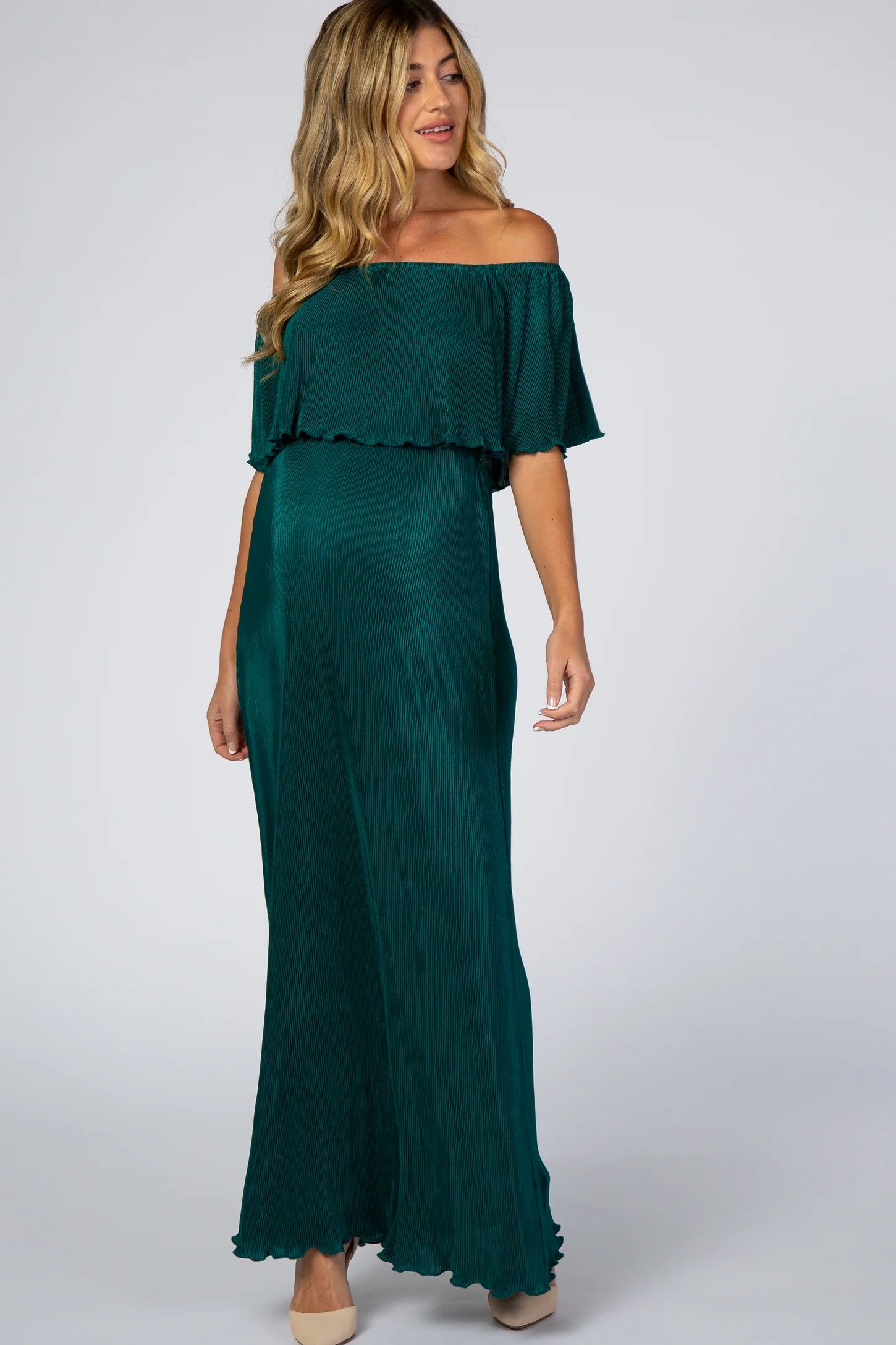 Forest Green Pleated Ruffle Off Shoulder Maternity Maxi Dress | PinkBlush Maternity