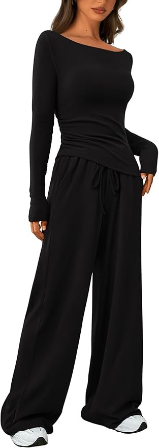 PRETTYGARDEN Women's 2 Piece Lounge Sets Asymmetrical Long Sleeve T Shirt Wide Leg Pants Casual O... | Amazon (US)