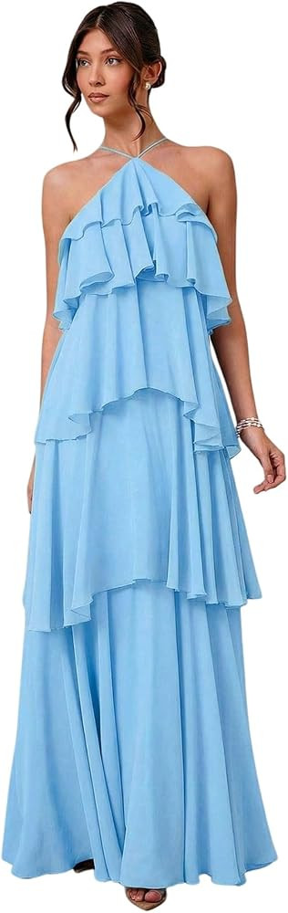 SOLY HUX Women's Wedding Guest Dress Sundresses Ruffle Layered Halter Backless Flowy Formal Maxi ... | Amazon (US)