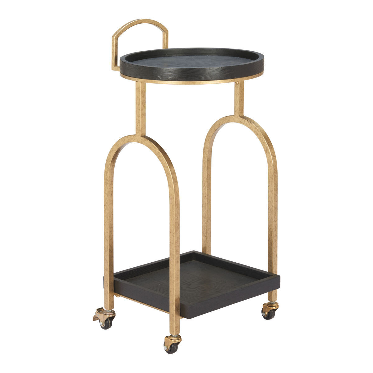 Black oak and gold steel two-tier bar cart