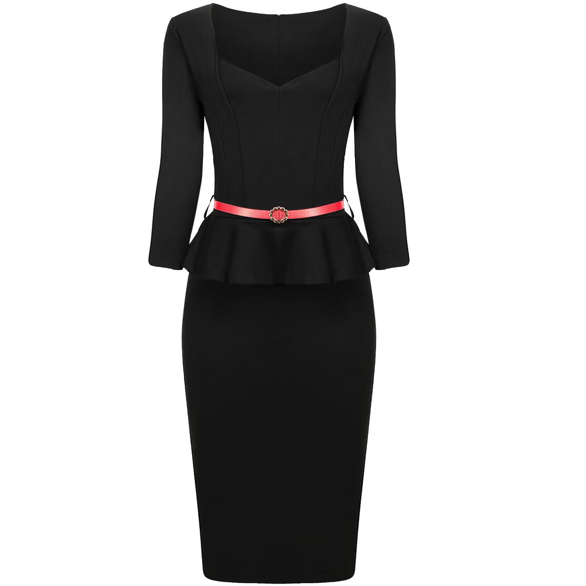 Hobemty Women's Sweetheart Neck Peplum Waist Belted 3/4 Sleeve Sheath Pencil Dresses | Target