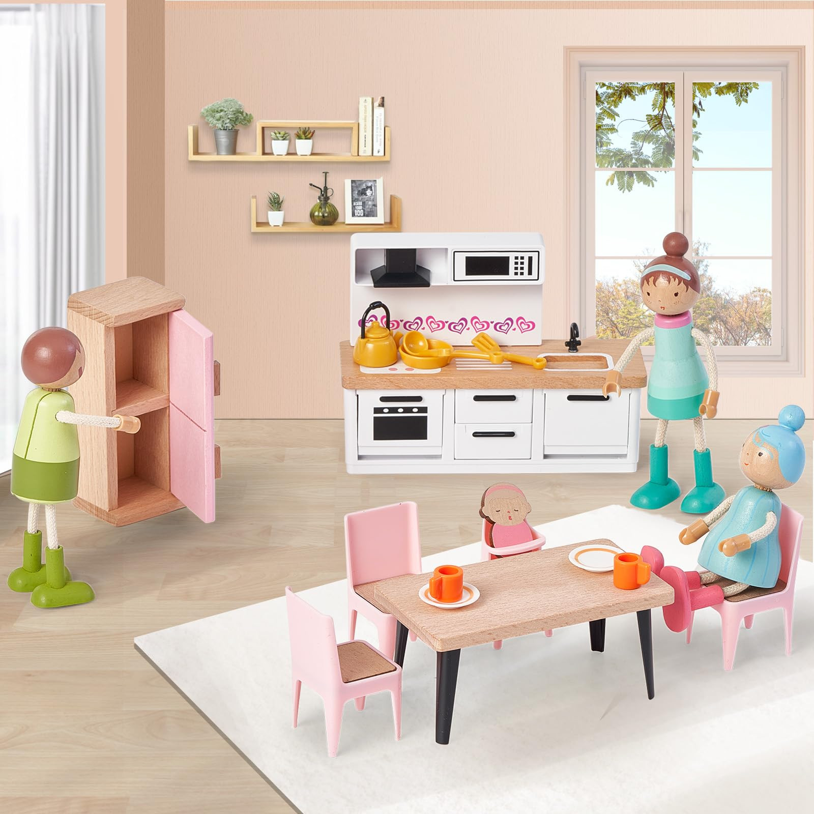 Giant bean 36pcs Wooden Dollhouse Furniture Set with Dolls for 5 Rooms, Wood & Plastic Pink Dollh... | Amazon (US)