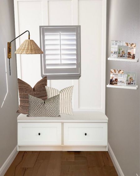 Thirsty Thursday nook styling in landing area with window seat, since and shelves 🤍 #thirstythursday

#LTKhome #LTKstyletip