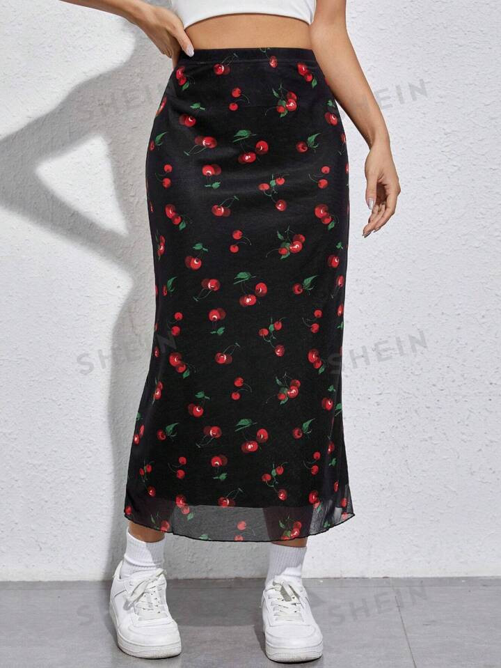 SHEIN EZwear Cherry Print Mesh Overlay Skirt | SHEIN