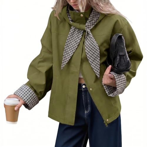 Tankaneo Womens Cropped Trench Coats Fall Jacket with Plaid Detachable Hood | Amazon (US)