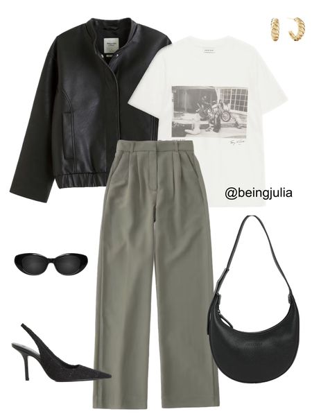 Fall outfit inspiration - details below!
-Abercrombie faux leather bomber jacket
-Anine Bing white graphic tee
-Abercrombie wide leg pants in olive green
-Celine Triomphe 52mm sunglasses in black acetate 
-Black pointed sling back pumps in black from H&M
-Croissant hoop gold earrings from Mejuri
-Longchamp half moon hobo shoulder bag in black leather 

#LTKstyletip #LTKFind #LTKSeasonal