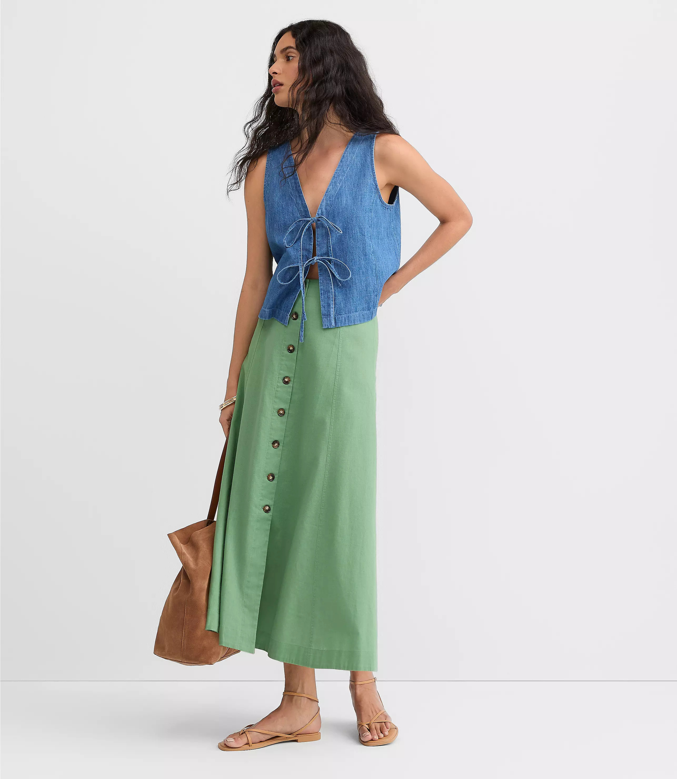 Seamed Linen Cotton Button Midi Skirt | LOFT