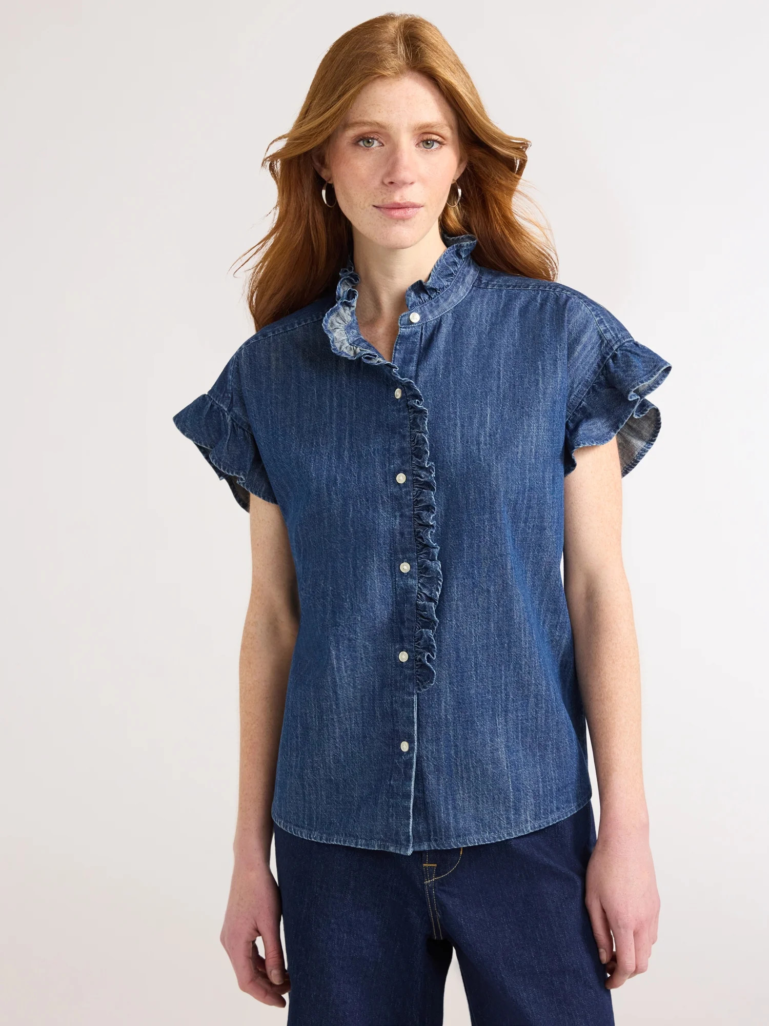 Free Assembly Women's Ruffle Trim Denim Shirt with Short Sleeves, Sizes XS-XXL - Walmart.com | Walmart (US)