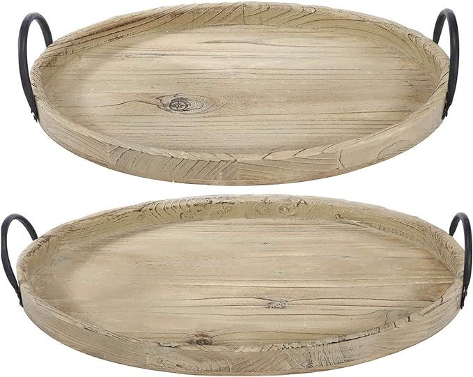 A&B Home Decorative Serving Tray Set of 2 Oval Wood Tray with Metal Handles Centerpiece Table Dé... | Amazon (US)