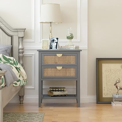 FRANSOUL Natural Rattan Nightstand Include 2 Drawes with Double-Section Track,End Side Table with... | Amazon (US)