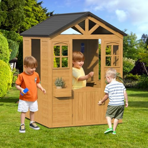 All Spruce Outdoor Kids Playhouse, Toddler Wooden Playhouse for Kids Ages 3-10, with Sink, Stove, Flower Pot Holders, Phone, Kitchen with Food Kitchenware Tableware, 42" x 45" x 55", Brown | Amazon (US)