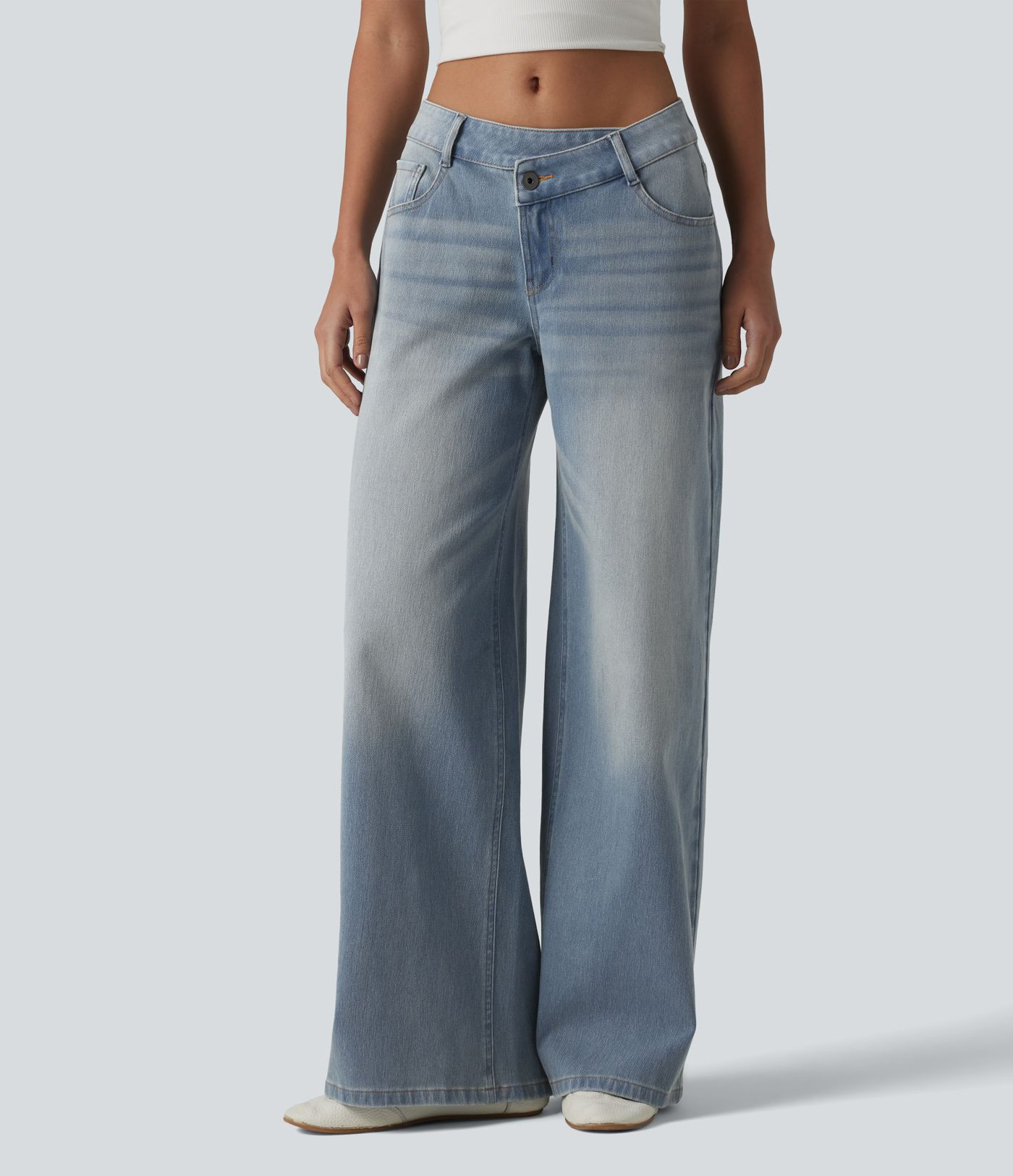 Halara Flex™ Asymmetric Low Rise Zipper Pockets Baggy Wide Leg Washed Casual Jeans | HALARA