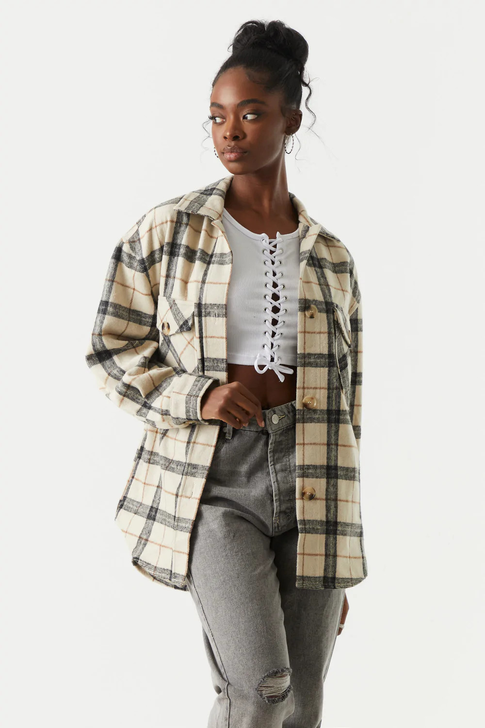 Brushed Tan Plaid Flannel Shacket | Charlotte Russe