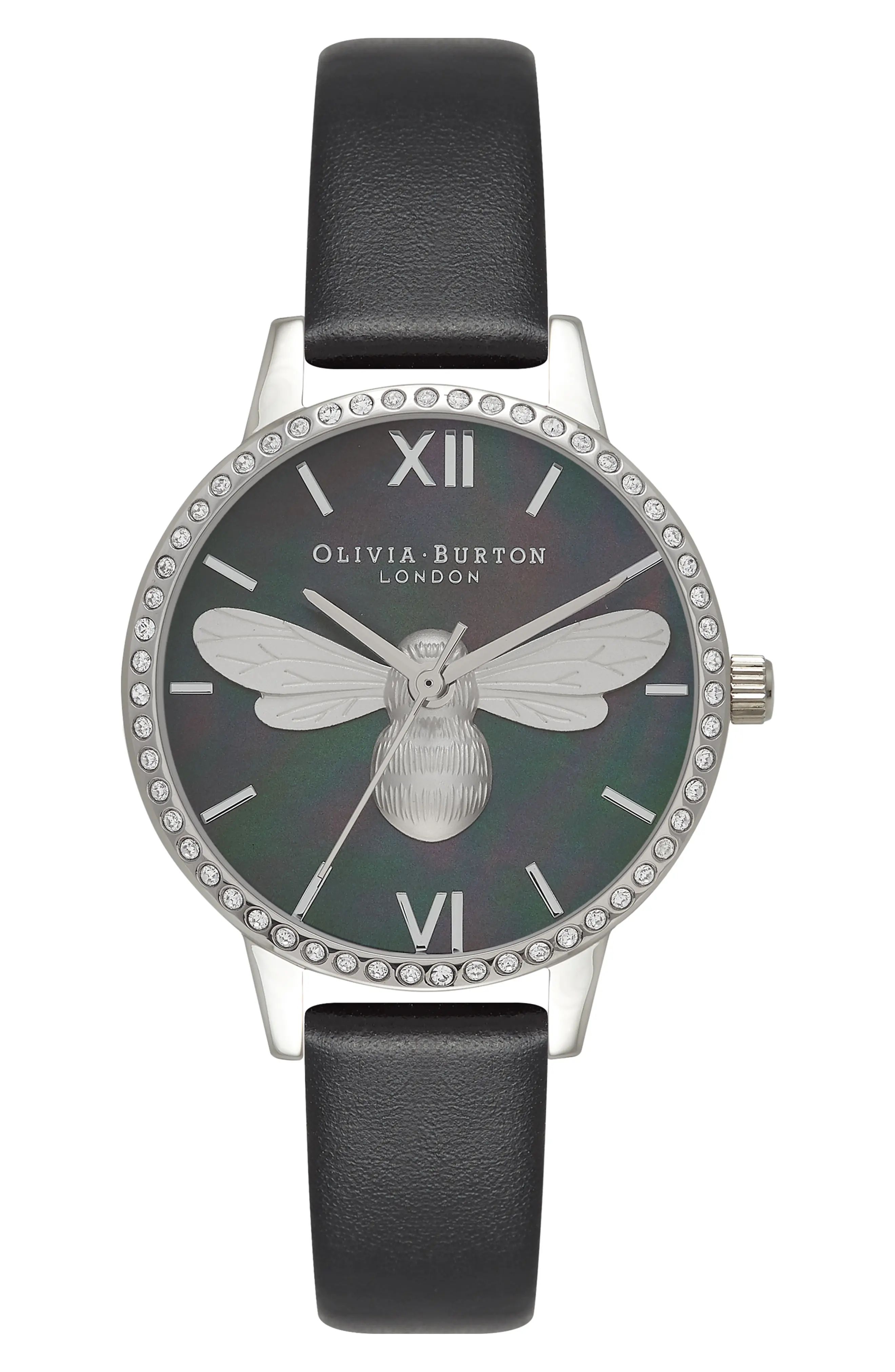 Olivia Burton Lucky Bee Leather Strap Watch, 30mm in Black at Nordstrom | Nordstrom