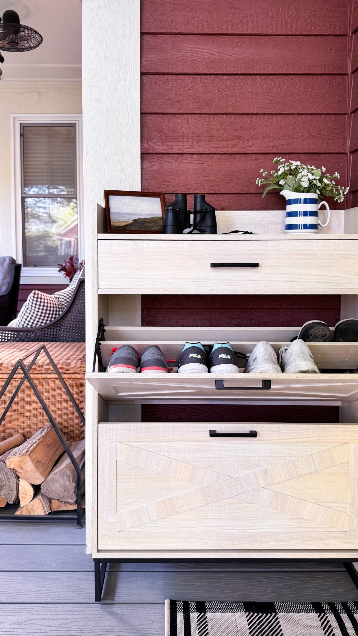 Outdoor living room porch decor with narrow shoe storage cabinet, outdoor doormat, outdoor rug, outdoor pillow from Wayfair Canada #ad #WayfairCanada #WayfairCAHome #WayfairCAPartner @wayfaircanada 

#LTKcasa #LTKcanada #LTKsummer