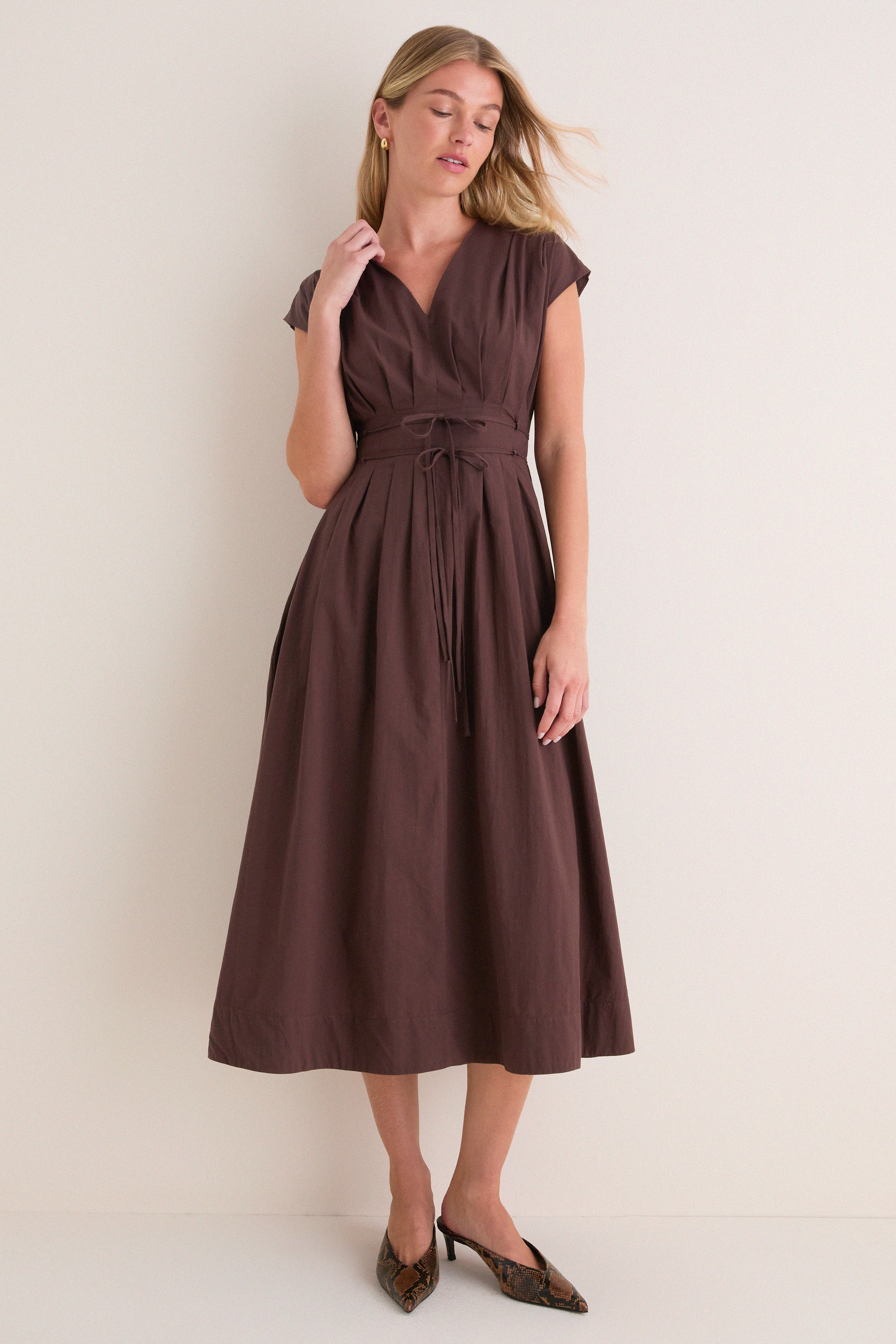 Dark Brown Pleated V Neck Midi Dress | Tuckernuck (US)