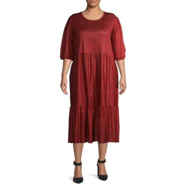 Terra & Sky Women's Plus Size Printed Knit Midi Tiered Dress | Walmart (US)
