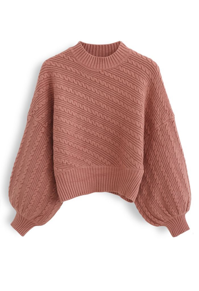 Batwing Sleeves Braid Knit Sweater in Coral | Chicwish