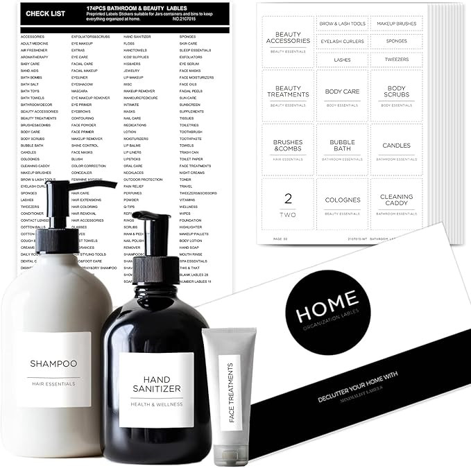 174 Bathroom Lables Set, Minimalist White Matte Stickers Black Text,The Beauty Organization Lable... | Amazon (US)