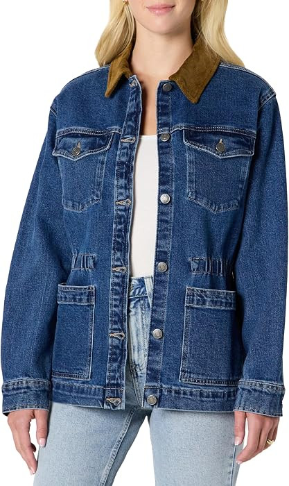 Amazon Essentials Women's Regular-Fit Low Stretch Denim Cinched Waist Barn Jacket with Corduroy Collar, Chest Pockets | Amazon (US)